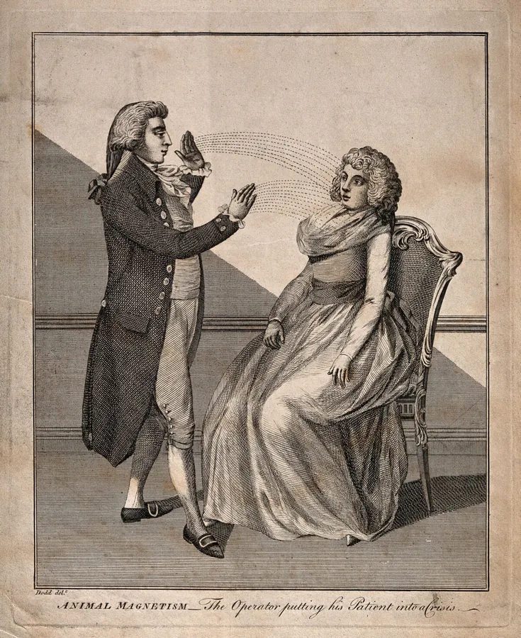 Engraving of an eighteenth-century magnetiser raising his hands towards the face of a seated woman, with dotted lines showing the supposed flow