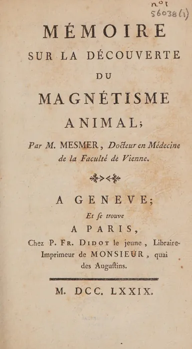 Title page of Mesmer, Mémoire sur la découverte du magnétisme animal, 1779