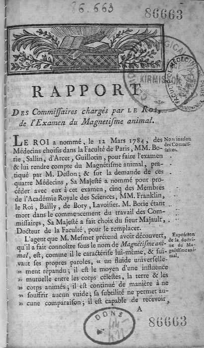 First page of the Rapport des commissaires chargés par le Roi de l’examen du magnétisme animal, 1784